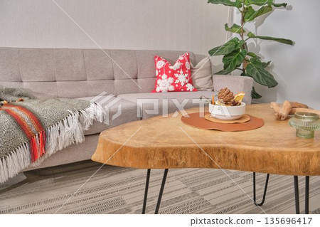Living room sofa with christmas cushion and coffee table Living room sofa with christmas cushion and coffee table 135696417