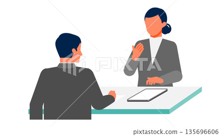 Illustration of a female business person explaining on a tablet Face-to-face presentation and business efficiency 135696606