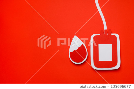 Blood drop and bag illustration on red background Blood drop and bag illustration on red background 135696677