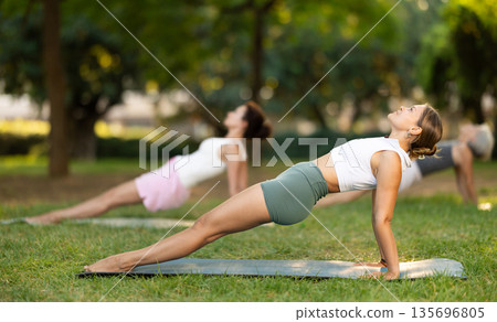 Sporty energetic experienced young woman yoga trainer performing upward plank pose in green park at daytime. Fitness concept 135696805