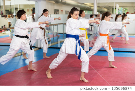 Group of women training karate techniques in studio Group of women training karate techniques in studio 135696874