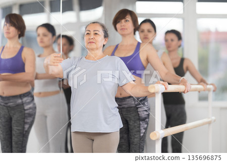 Group of women stand in first position at barre Group of women stand in first position at barre 135696875