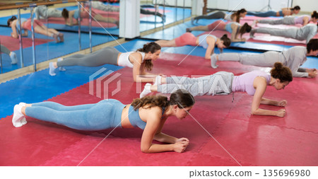 Group of women training abs in gym Group of women training abs in gym 135696980