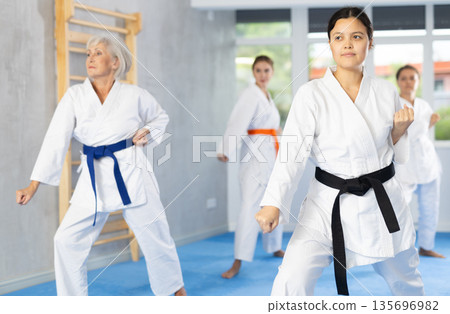 Athletes have starting position and repeating sequence of punches and painful techniques in kata Athletes have starting position and repeating sequence of punches and painful techniques in kata 135696982