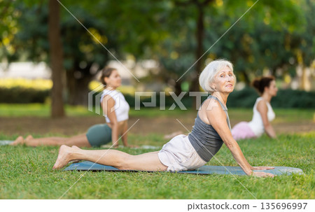 Sportive women performing cobra pose of yoga during group training in park at daytime Sportive women performing cobra pose of yoga during group training in park at daytime 135696997