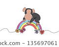 Continuous line drawing of playful baby chimpanzee napping peacefully on rainbow arc with blooming flowers. Nature concept for cute wild animal, perfect for nursery decor and World Chimpanzee Day 135697061
