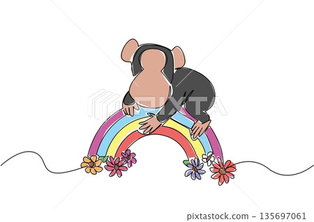 Continuous line drawing of playful baby chimpanzee napping peacefully on rainbow arc with blooming flowers. Nature concept for cute wild animal, perfect for nursery decor and World Chimpanzee Day 135697061