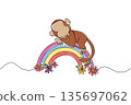 Single line drawing nature concept for cute jungle animal theme, depicting a monkey sleeping across a rainbow with flowers, perfect for children decor and International Day of Happiness party 135697062