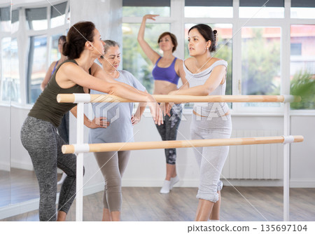 Women communicate with each other during a break between classes in choreographic studio 135697104