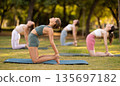 Yoga lesson visitors girls perform Ushtrasana in park 135697182