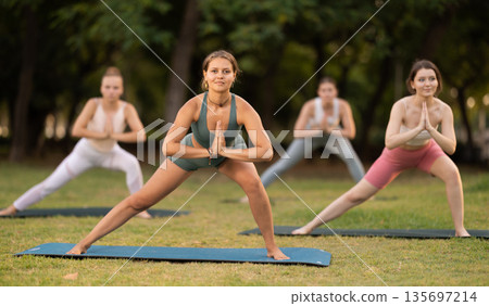 Group of young women doing yoga in park Group of young women doing yoga in park 135697214
