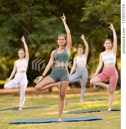 Yoga lesson visitors girls perform vrikshasana in park Yoga lesson visitors girls perform vrikshasana in park 135697259