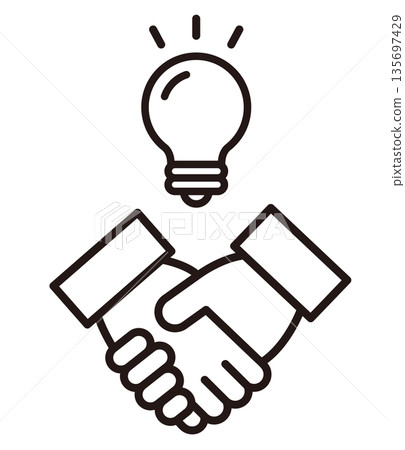 Businessmen shaking hands and light bulb. Deal closing, partnership and business icon. Businessmen shaking hands and light bulb. Deal closing, partnership and business icon. 135697429