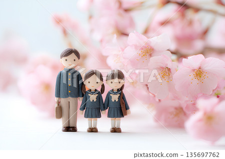 Family spring surrounded by cherry blossoms 3D illustration of entrance, entrance to kindergarten, graduation, graduation 135697762