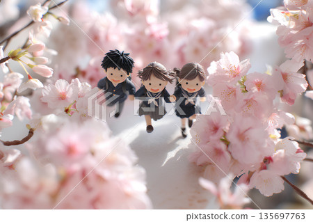 櫻花環繞的家庭春日3D插圖，適用於幼兒園入口、畢業典禮等場合。 135697763