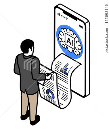 一位商務人士正在用智慧型手機輸出和分析人工智慧數據。 135698146