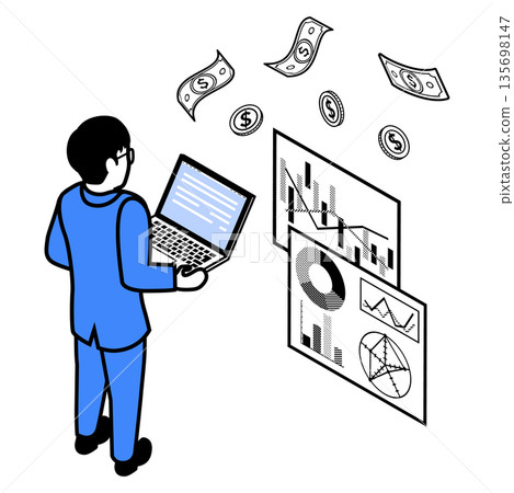 數據分析與收入視覺化概念藝術 男性辦公室職員 等距視角 135698147