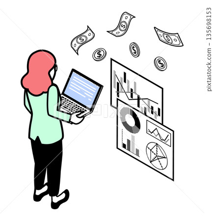 Data analysis and revenue visualization concept art startup woman isometric 135698153
