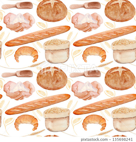 Baguettes, round bread, wheat grains, flour sack. Seamless watercolor pattern isolated on white with perfect for bakery packaging, kitchen textiles, menu design, wrapping paper, rustic food branding 135698241