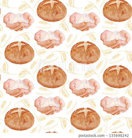 Bread, flour in cupped hands, golden wheat elements watercolor seamless pattern on a white background. Natural bakery theme, warm tones, ideal for packaging, branding, menus, and artisan food projects Bread, flour in cupped hands, golden wheat elements watercolor seamless pattern on a white background. Natural bakery theme, warm tones, ideal for packaging, branding, menus, and artisan food projects 135698242
