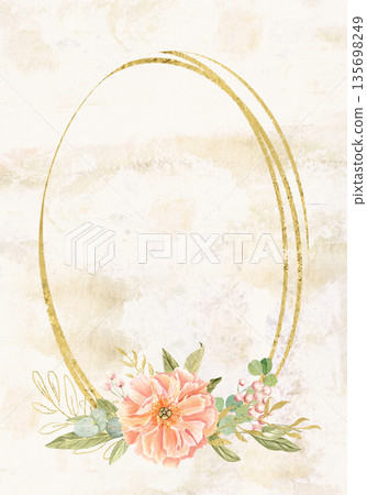 Peony flowers in peach tones, leaves, berries watercolor frame on cloud white background. Hand-painted with golden detail, perfect for wedding invitations, branding, packaging, fabric design, cards 135698249