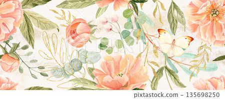 Delicate peonies in soft peach tones watercolor seamless pattern on beige. Hand-painted with high detail, perfect for wedding invitations, branding, packaging, fabric design, cards. Gold, green leaves 135698250