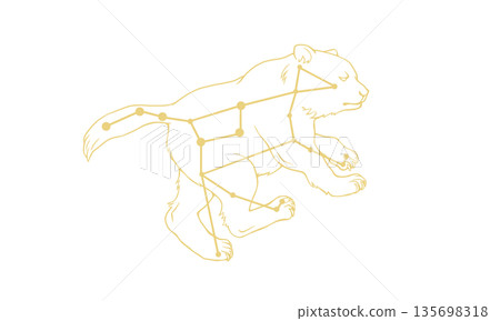 Illustration of Ursa Major (gold bear and constellation lines, lines only) 135698318