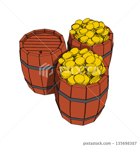 Two Wooden Old Vintage filled by Gold Coins and One Closed Barrels. Vector Illustration. 135698387