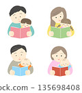 一組描繪父母和孩子一起閱讀圖畫書的插圖 135698408