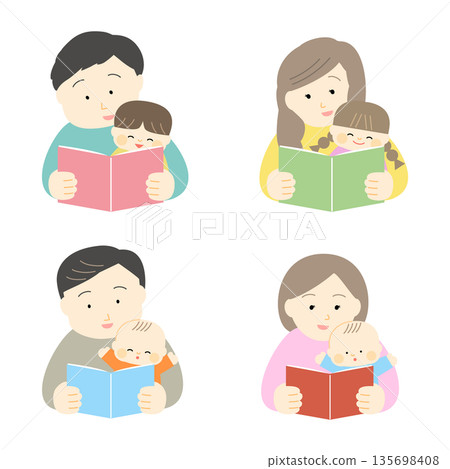 Illustration set of parents and children reading picture books Illustration set of parents and children reading picture books 135698408