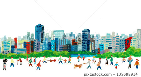 Hand-drawn watercolor illustration of people gathering in a city park Hand-drawn watercolor illustration of people gathering in a city park 135698914