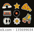 Playful Sticker Set Featuring Rainbow, Star, Pizza, Cassette, Vinyl, Eyes, Daisy and Roller Skate. Retro Groovy sticker collection Playful Sticker Set Featuring Rainbow, Star, Pizza, Cassette, Vinyl, Eyes, Daisy and Roller Skate. Retro Groovy sticker collection 135699034