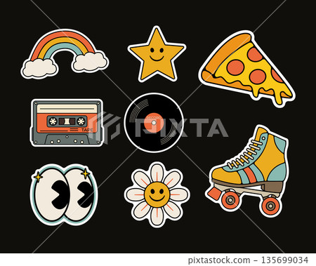 Playful Sticker Set Featuring Rainbow, Star, Pizza, Cassette, Vinyl, Eyes, Daisy and Roller Skate. Retro Groovy sticker collection Playful Sticker Set Featuring Rainbow, Star, Pizza, Cassette, Vinyl, Eyes, Daisy and Roller Skate. Retro Groovy sticker collection 135699034