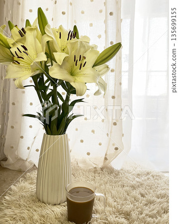 Lily Bouquet with Coffee on Plush Rug Lily Bouquet with Coffee on Plush Rug 135699155
