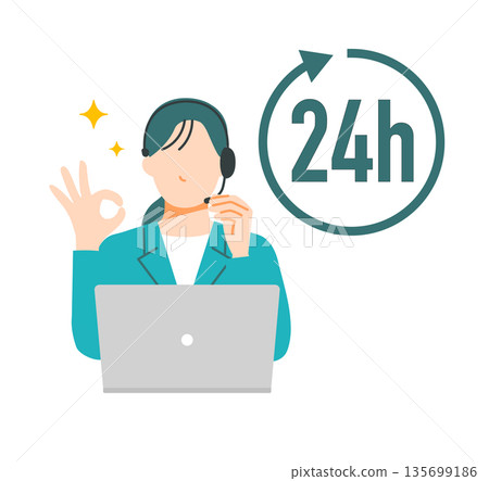 一幅插圖，描繪了一位戴著耳機的呼叫中心女員工，宣傳24小時服務。 135699186