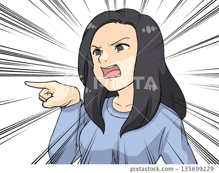 動漫風格的插畫,描繪了一個憤怒的女人指著別人。 動漫風格的插畫,描繪了一個憤怒的女人指著別人。 135699229