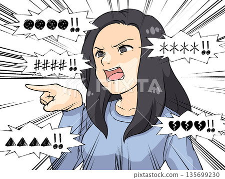 動漫風格的插畫，描繪了一個憤怒的女人指著別人。 135699230
