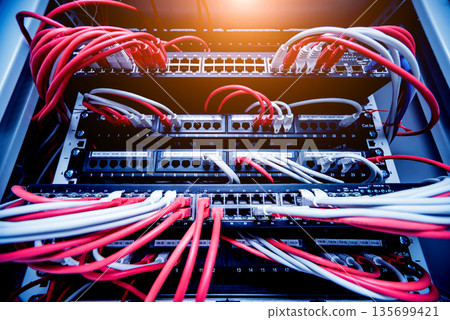 Network switch and ethernet cables in red and white colors. Data Center Network switch and ethernet cables in red and white colors. Data Center 135699421