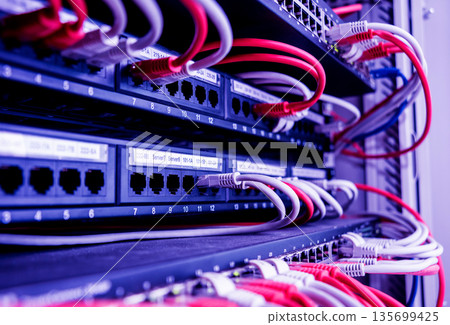 Network switch and ethernet cables in red and white colors. Data Center 135699425