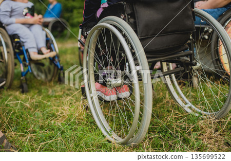 Disabled man resting in a campsite with friends. Wheelchair in the forest  135699522