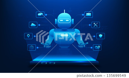 Artificial Intelligence Technology Background, Smartphone with Hologram Robot and Service Icons, AI Assistant on Mobile Phone, Virtual Assistant, Smart AI Technology, Digital Assistant Interface Artificial Intelligence Technology Background, Smartphone with Hologram Robot and Service Icons, AI Assistant on Mobile Phone, Virtual Assistant, Smart AI Technology, Digital Assistant Interface 135699549