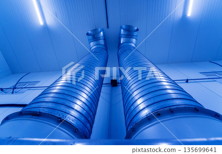 Empty industrial freezer warehouse for vegetable storage. Empty industrial freezer warehouse for vegetable storage. 135699641