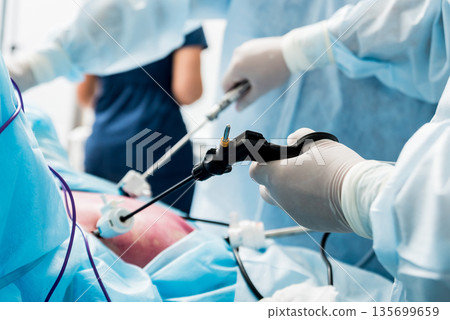 Process of gynecological surgery operation using laparoscopic equipment. Process of gynecological surgery operation using laparoscopic equipment. 135699659