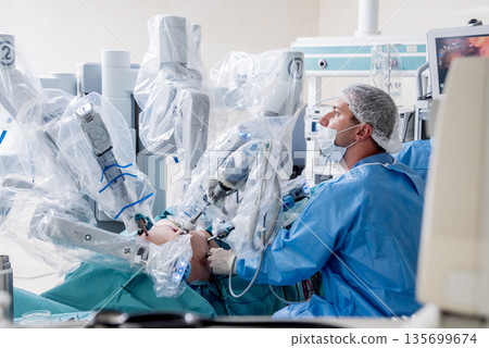 Modern surgical system. Medical robot. Minimally invasive robotic surgery. Modern surgical system. Medical robot. Minimally invasive robotic surgery. 135699674