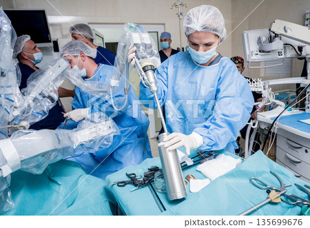 Modern surgical system. Medical robot. Minimally invasive robotic surgery. Modern surgical system. Medical robot. Minimally invasive robotic surgery. 135699676