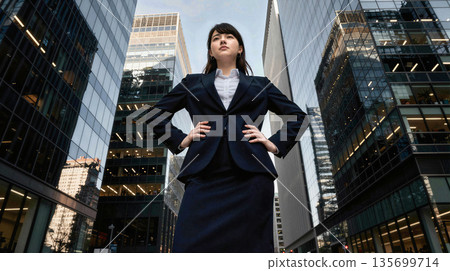 一位神情自信的日本女企業家站在高樓林立的城市中。她穿著職業套裝，站在戶外，展現出成功和領導力。 135699714