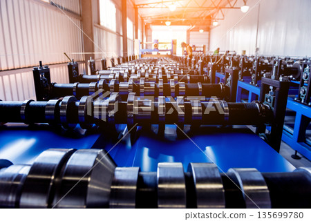 Metal sheet forming machine at the modern metalwork factory. 135699780