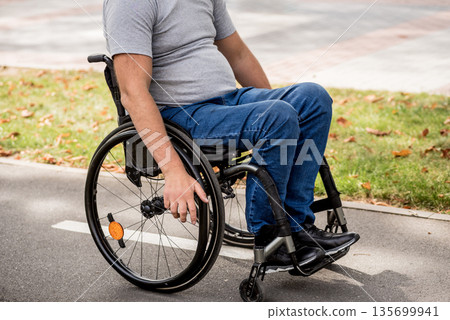 Handicapped man in wheelchair walk at the park alley 135699941