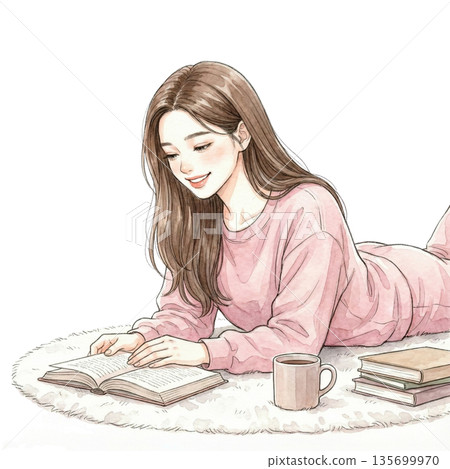 一位女士正在慢慢地讀書。 135699970