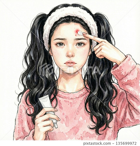 一名女子正在為痤瘡患者塗抹藥物 135699972
